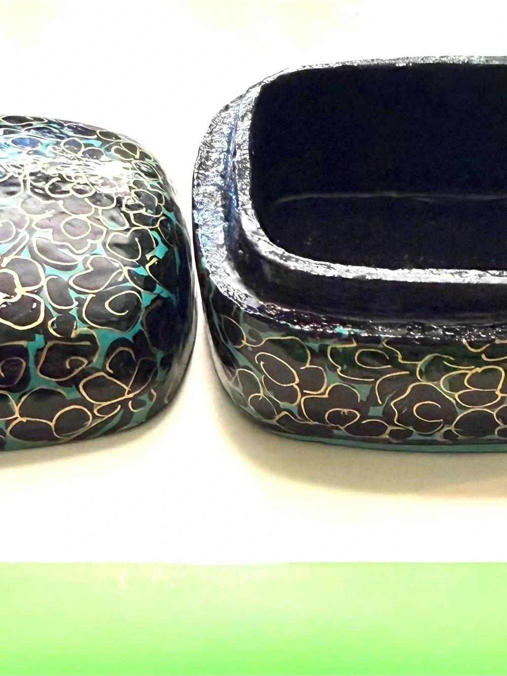 Handcrafted Kashmiri papier-mâché trinket box with lacquered finish gold, teal